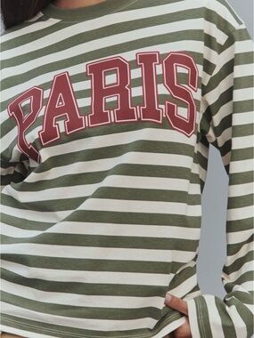 Paris Striped Long Sleeve Tee in Olive & Cream